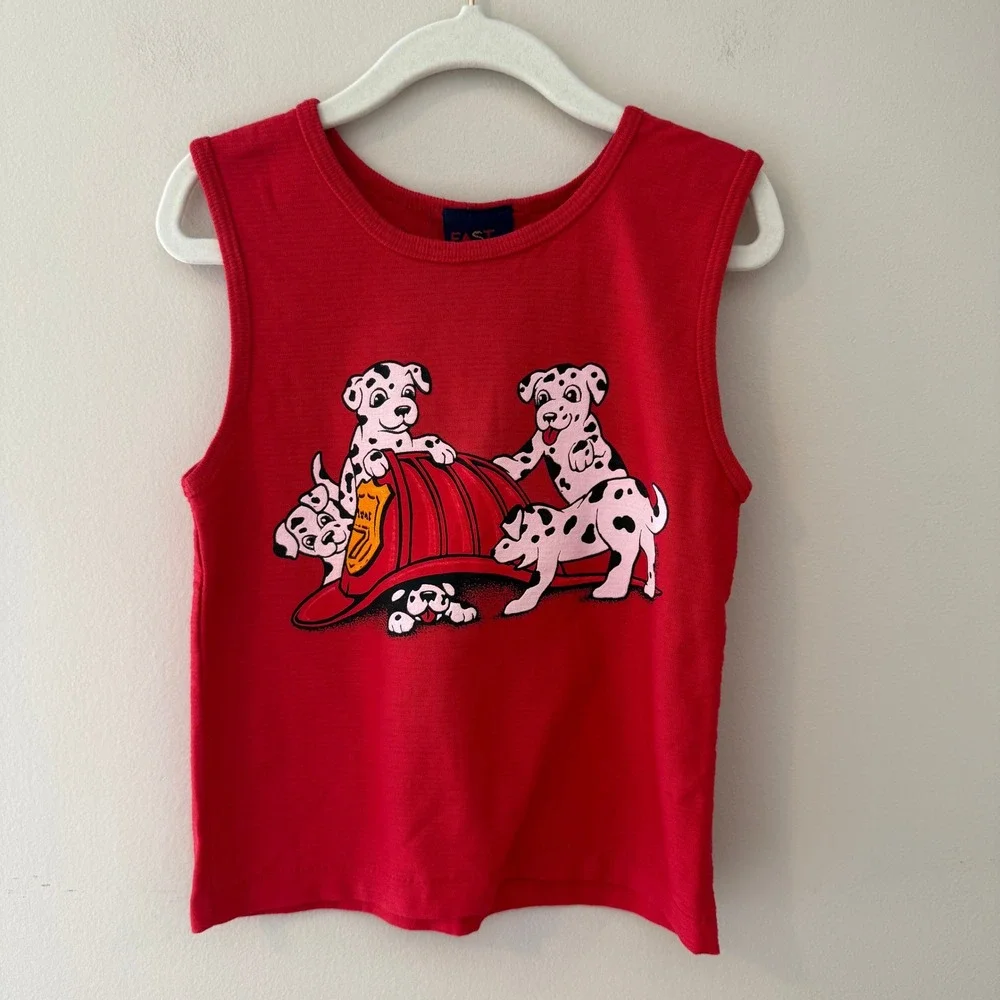 Fast Moves Kids Red Dalmatian Puppy Fire Helmet Tank Top Size 4 Vintage 90s USA